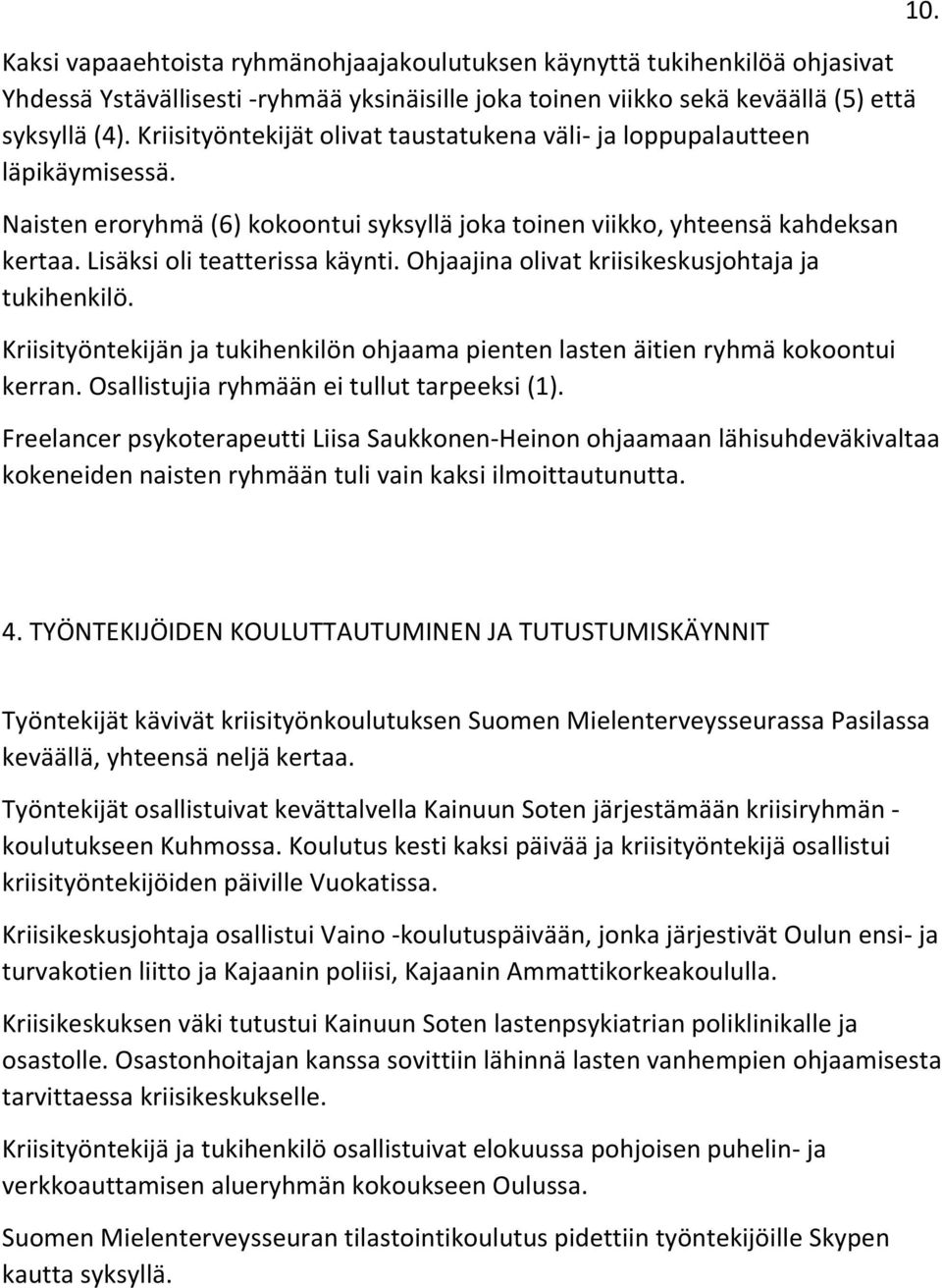 Ohjaajina olivat kriisikeskusjohtaja ja tukihenkilö. Kriisityöntekijän ja tukihenkilön ohjaama pienten lasten äitien ryhmä kokoontui kerran. Osallistujia ryhmään ei tullut tarpeeksi (1).