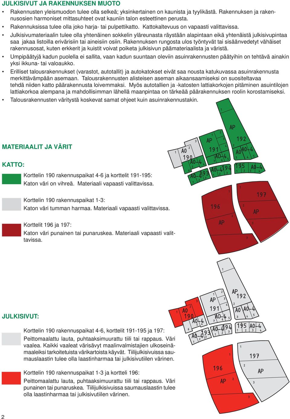 Julkisivumateriaalin tulee olla yhtenäinen sokkelin yläreunasta räystään alapintaan eikä yhtenäistä julkisivupintaa saa jakaa listoilla erivärisiin tai aineisiin osiin.