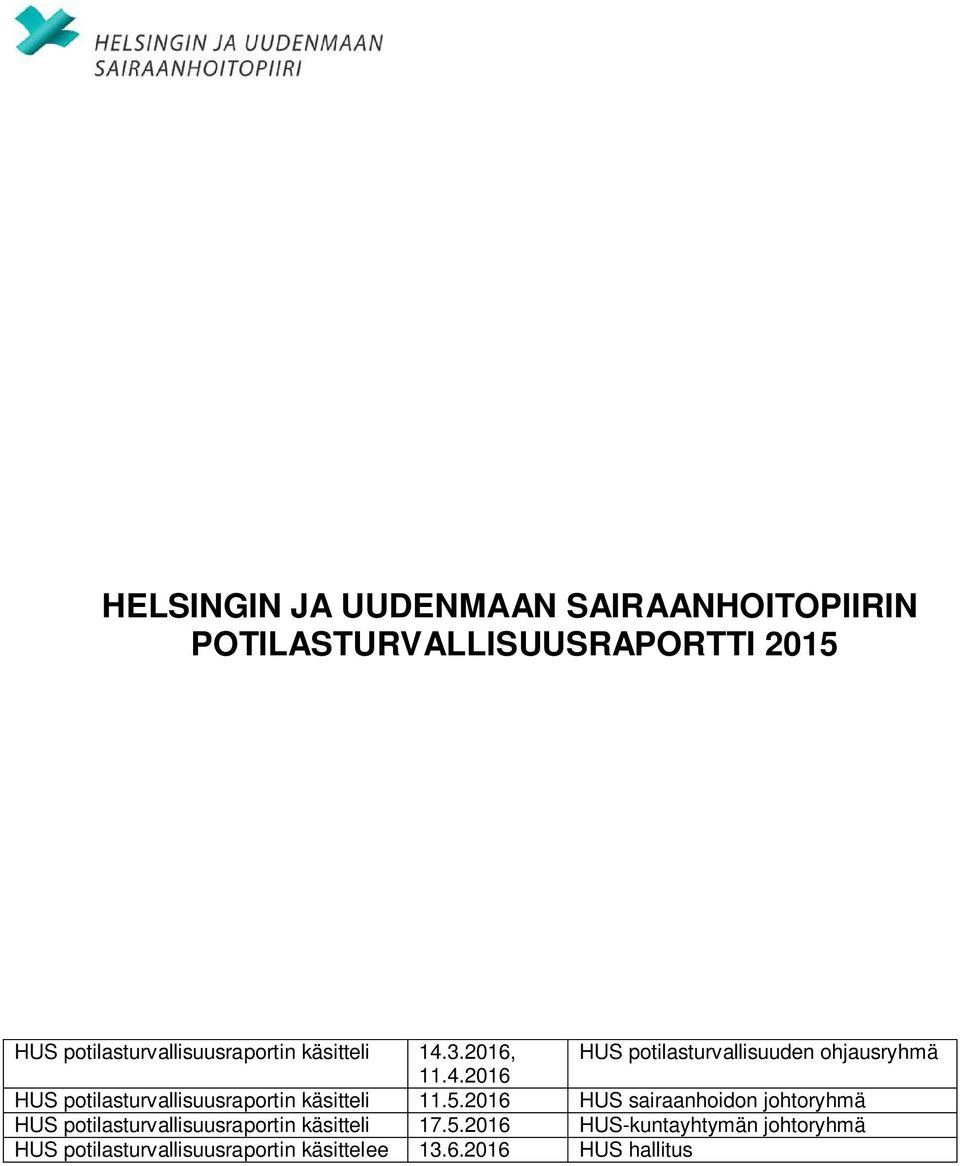 5.2016 HUS sairaanhoidon johtoryhmä HUS potilasturvallisuusraportin käsitteli 17.5.2016 HUS-kuntayhtymän johtoryhmä HUS potilasturvallisuusraportin käsittelee 13.