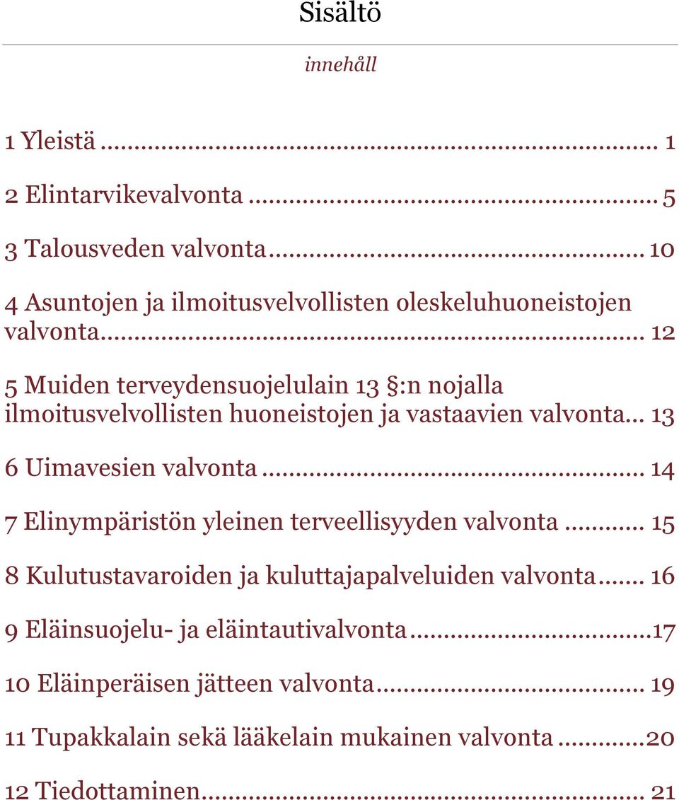 .. 12 5 Muiden terveydensujelulain 13 :n njalla ilmitusvelvllisten huneistjen ja vastaavien valvnta... 13 6 Uimavesien valvnta.