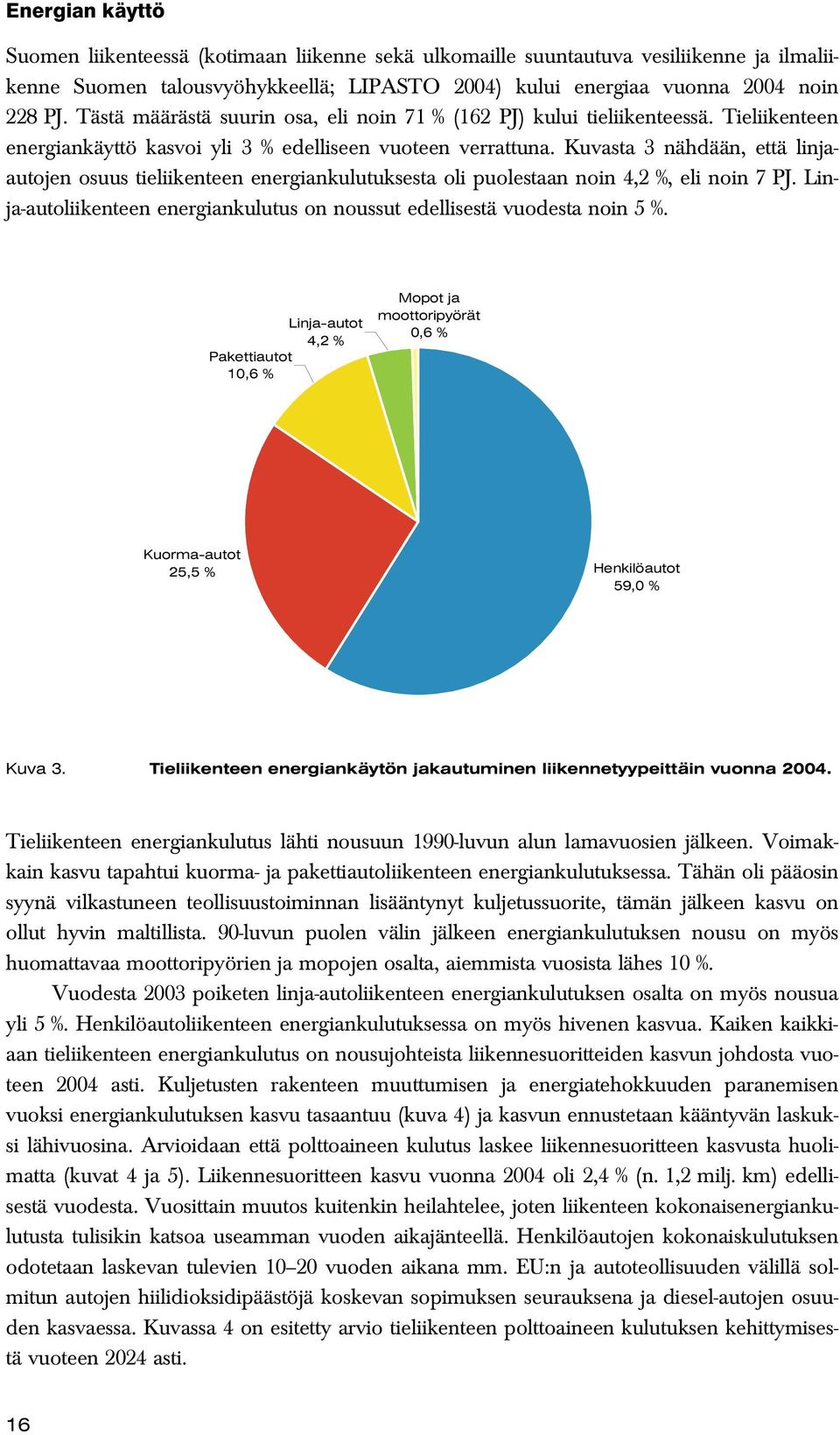 Kuvasta 3 nähdään, että linjaautojen osuus tieliikenteen energiankulutuksesta oli puolestaan noin 4,2 %, eli noin 7 PJ. Linja-autoliikenteen energiankulutus on noussut edellisestä vuodesta noin 5 %.