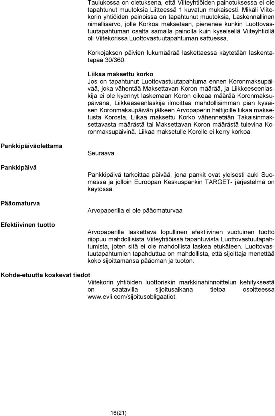 Viiteyhtiöllä oli Viitekorissa Luottovastuutapahtuman sattuessa. Korkojakson päivien lukumäärää laskettaessa käytetään laskentatapaa 30/360.