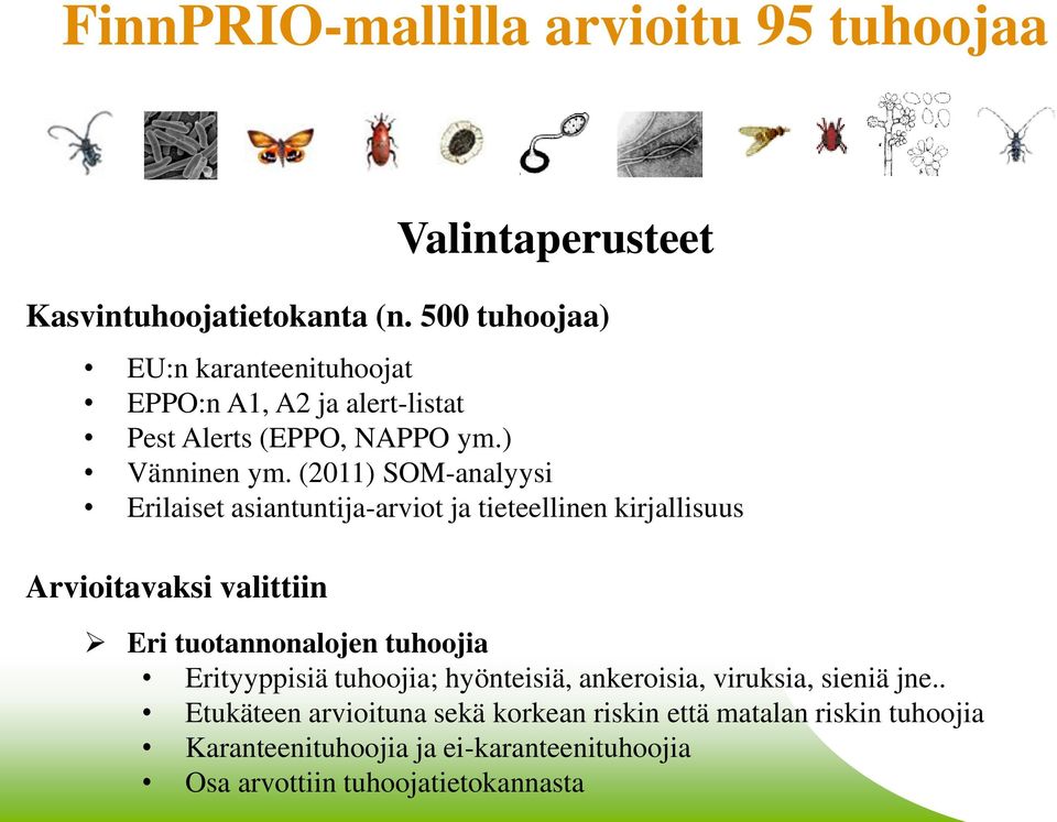 (211) SOM-analyysi Erilaiset asiantuntija-arviot ja tieteellinen kirjallisuus Arvioitavaksi valittiin Valintaperusteet Eri