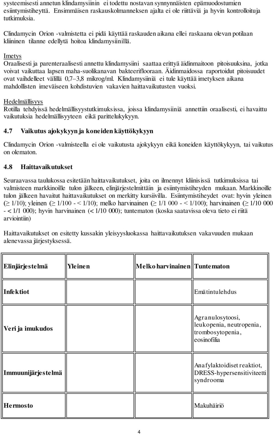 Imetys Oraalisesti ja parenteraalisesti annettu klindamysiini saattaa erittyä äidinmaitoon pitoisuuksina, jotka voivat vaikuttaa lapsen maha-suolikanavan bakteeriflooraan.