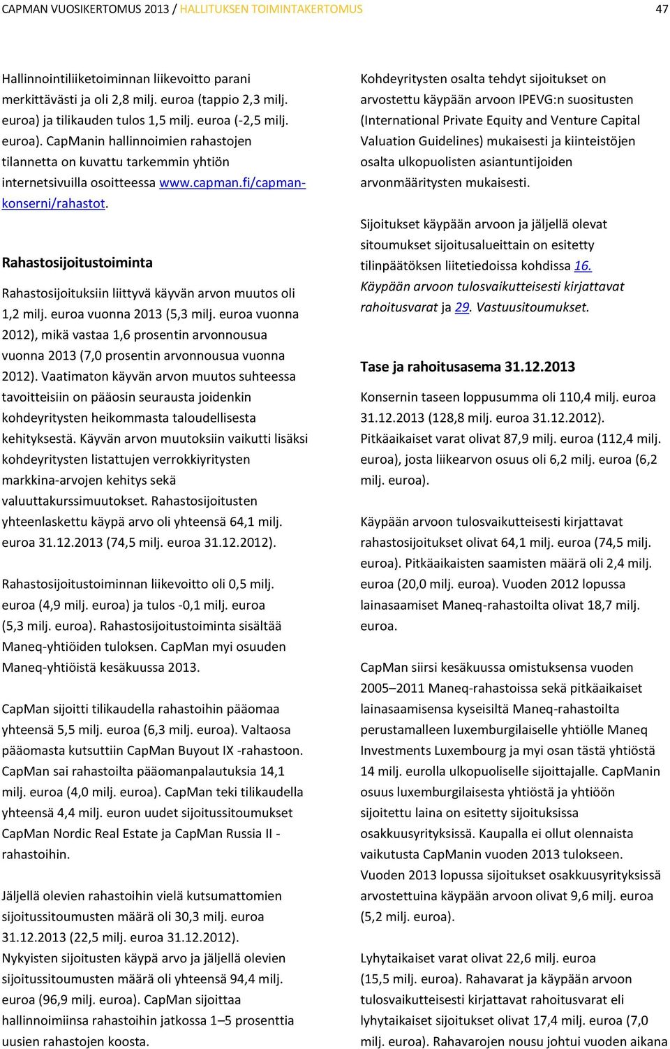 Rahastosijoitustoiminta Rahastosijoituksiin liittyvä käyvän arvon muutos oli 1,2 milj. euroa vuonna 2013 (5,3 milj.