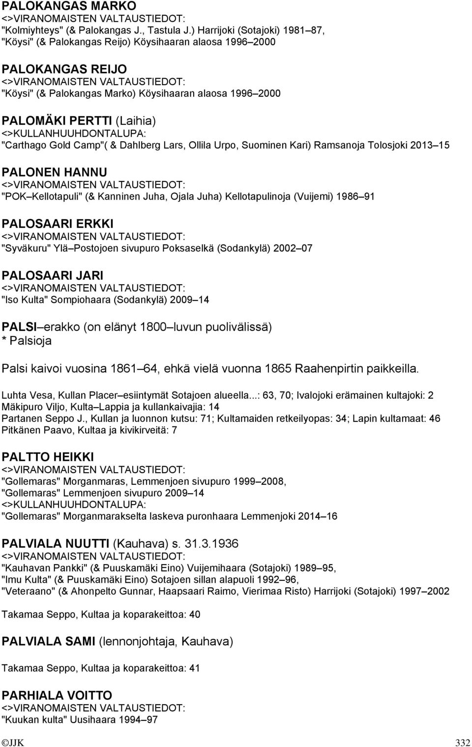 Gold Camp"( & Dahlberg Lars, Ollila Urpo, Suominen Kari) Ramsanoja Tolosjoki 2013 15 PALONEN HANNU "POK Kellotapuli" (& Kanninen Juha, Ojala Juha) Kellotapulinoja (Vuijemi) 1986 91 PALOSAARI ERKKI
