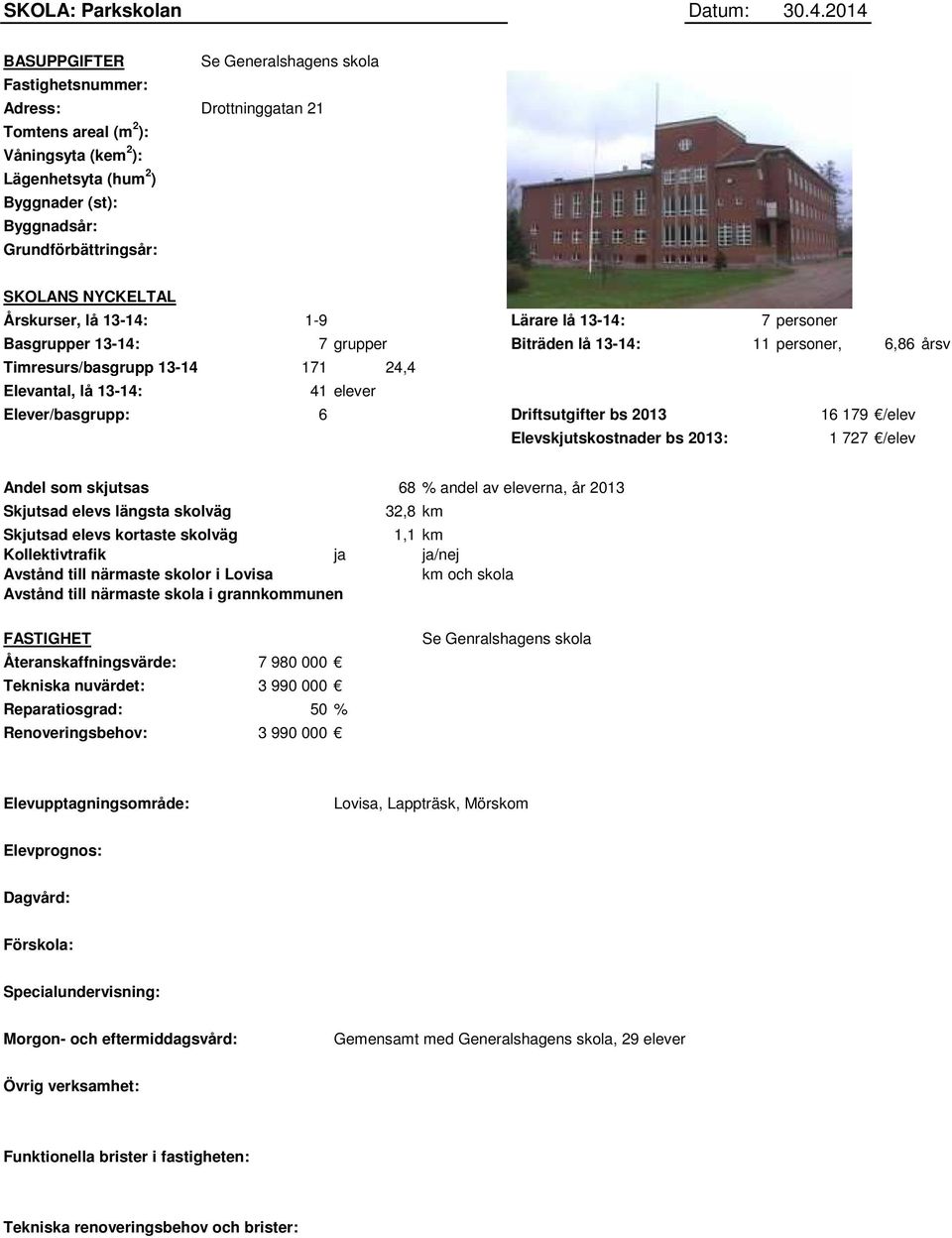 SKOLANS NYCKELTAL Årskurser, lå 13-14: 1-9 Lärare lå 13-14: 7 personer Basgrupper 13-14: 7 grupper Biträden lå 13-14: 11 personer, 6,86 årsv Timresurs/basgrupp 13-14: 171 24,4 Elevantal, lå 13-14: 41