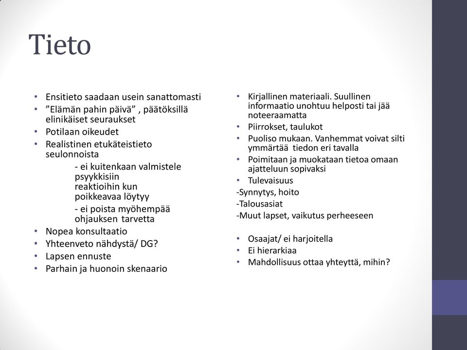 Lapsen ennuste Parhain ja huonoin skenaario Kirjallinen materiaali. Suullinen informaatio unohtuu helposti tai jää noteeraamatta Piirrokset, taulukot Puoliso mukaan.