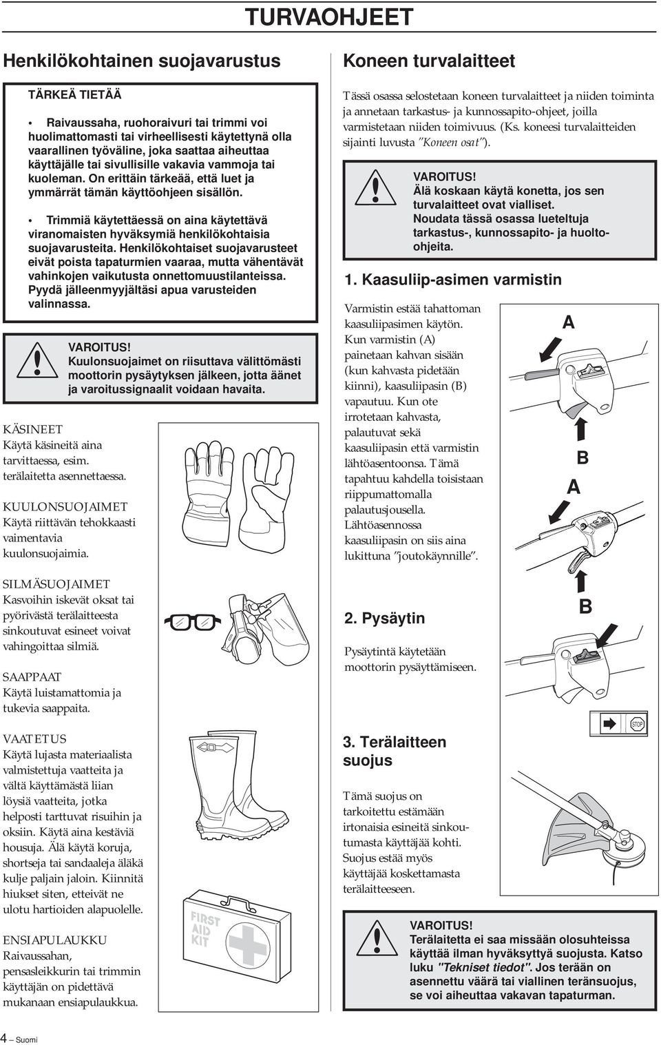 Trimmiä käytettäessä on aina käytettävä viranomaisten hyväksymiä henkilökohtaisia suojavarusteita.