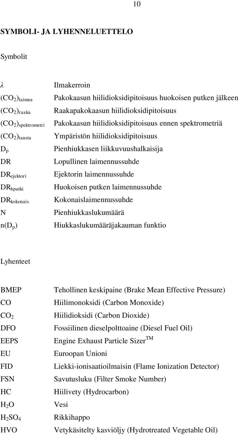 liikkuvuushalkaisija Lopullinen laimennussuhde Ejektorin laimennussuhde Huokoisen putken laimennussuhde Kokonaislaimennussuhde Pienhiukkaslukumäärä Hiukkaslukumääräjakauman funktio Lyhenteet BMEP CO