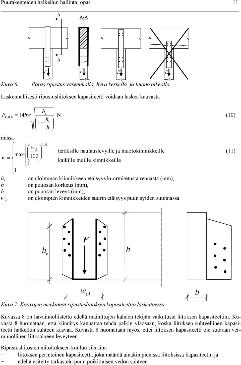 kaikille muille kiinnikkeille 1 h e on uloimman kiinnikkeen etäisyys kuormitetusta reunasta (mm), h on puuosan korkeus (mm), b on puuosan leveys (mm), on uloimpien kiinnikkeiden suurin etäisyys puun