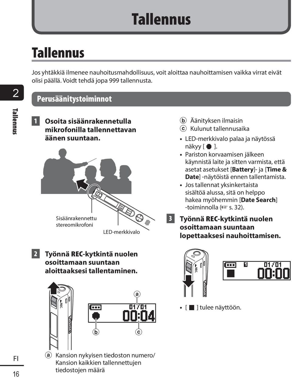 Sisäänrakennettu stereomikrofoni LED-merkkivalo b Äänityksen ilmaisin c Kulunut tallennusaika LED-merkkivalo palaa ja näytössä näkyy [ ].