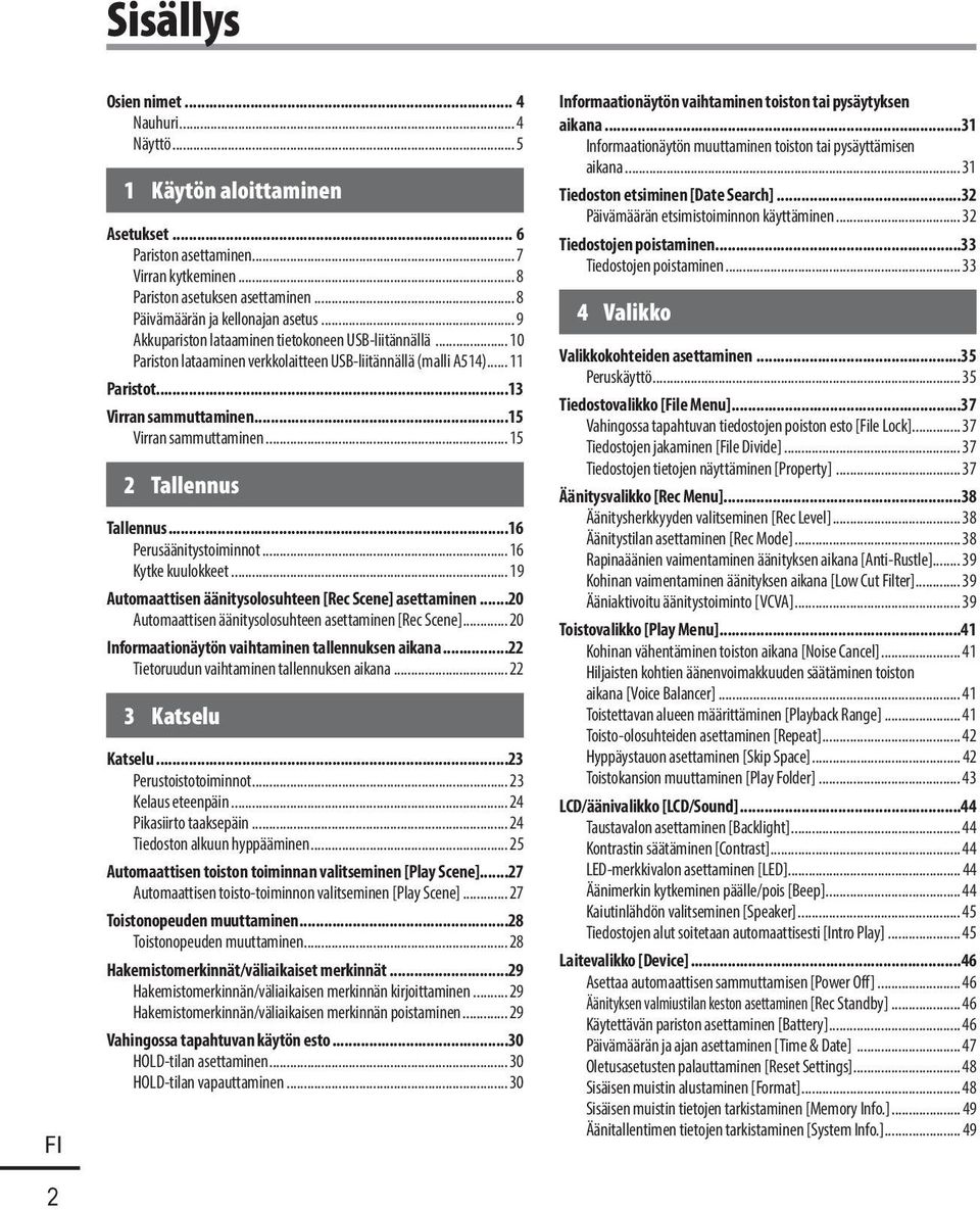 ..13 Virran sammuttaminen...15 Virran sammuttaminen... 15 2 Tallennus Tallennus...16 Perusäänitystoiminnot... 16 Kytke kuulokkeet... 19 Automaattisen äänitysolosuhteen [Rec Scene] asettaminen.