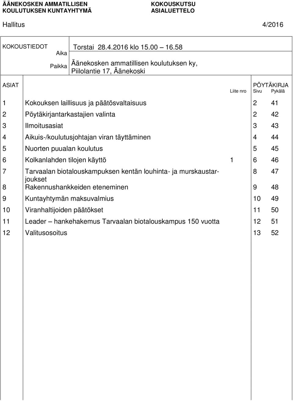 Ilmoitusasiat 3 43 4 Aikuis-/koulutusjohtajan viran täyttäminen 4 44 5 Nuorten puualan koulutus 5 45 6 Kolkanlahden tilojen käyttö 1 6 46 7 Tarvaalan biotalouskampuksen kentän