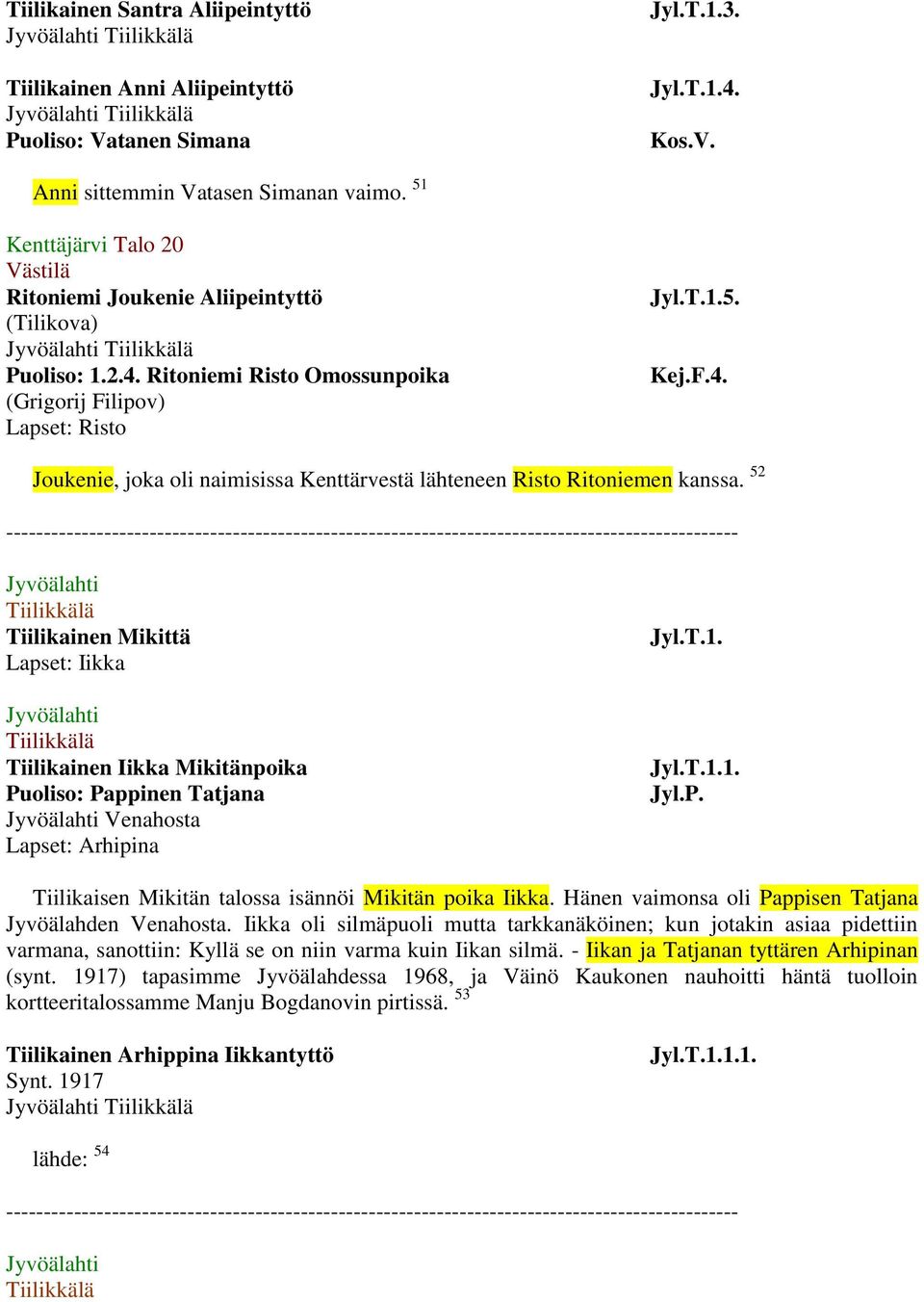 52 Tiilikkälä Tiilikainen Mikittä Lapset: Iikka Tiilikkälä Tiilikainen Iikka Mikitänpoika Puoliso: Pappinen Tatjana Venahosta Lapset: Arhipina Jyl.T.1. Jyl.P. Tiilikaisen Mikitän talossa isännöi Mikitän poika Iikka.