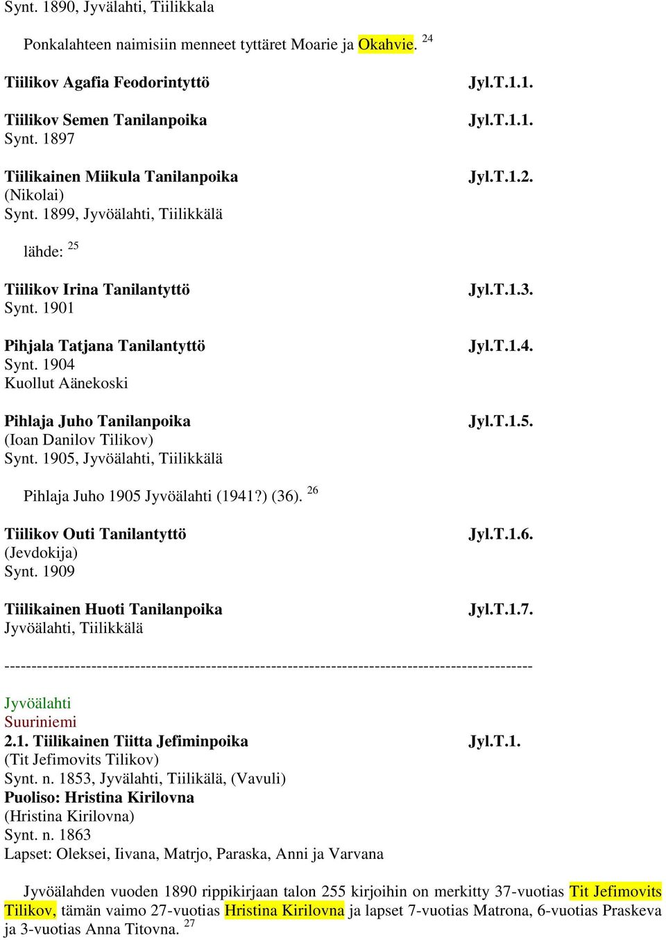 1904 Kuollut Aänekoski Pihlaja Juho Tanilanpoika (Ioan Danilov Tilikov) Synt. 1905,, Tiilikkälä Jyl.T.1.3. Jyl.T.1.4. Jyl.T.1.5. Pihlaja Juho 1905 (1941?) (36).