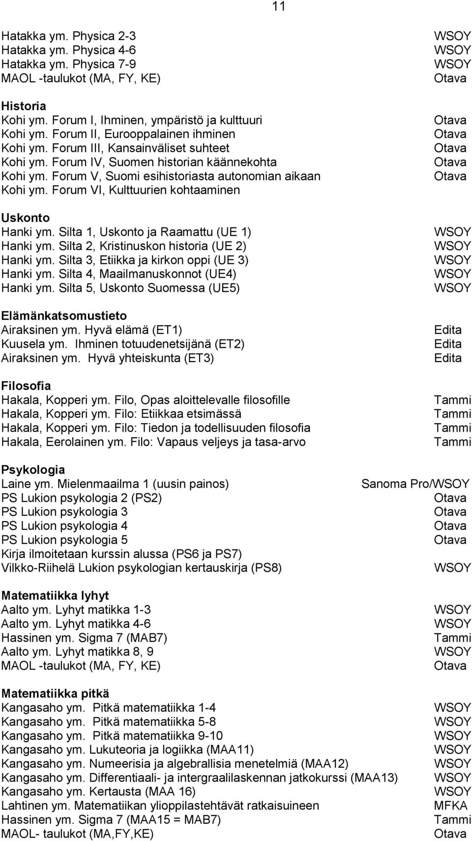 Forum VI, Kulttuurien kohtaaminen Uskonto Hanki ym. Silta 1, Uskonto ja Raamattu (UE 1) Hanki ym. Silta 2, Kristinuskon historia (UE 2) Hanki ym. Silta 3, Etiikka ja kirkon oppi (UE 3) Hanki ym.