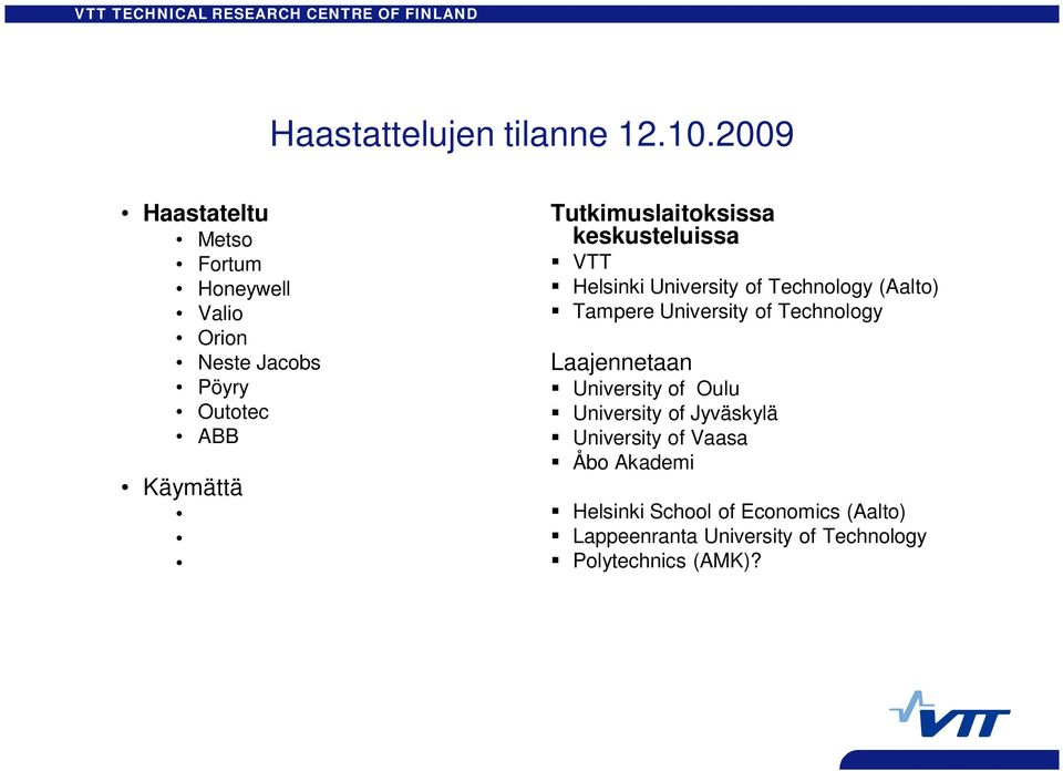 Tutkimuslaitoksissa keskusteluissa VTT Helsinki University of Technology (Aalto) Tampere University of