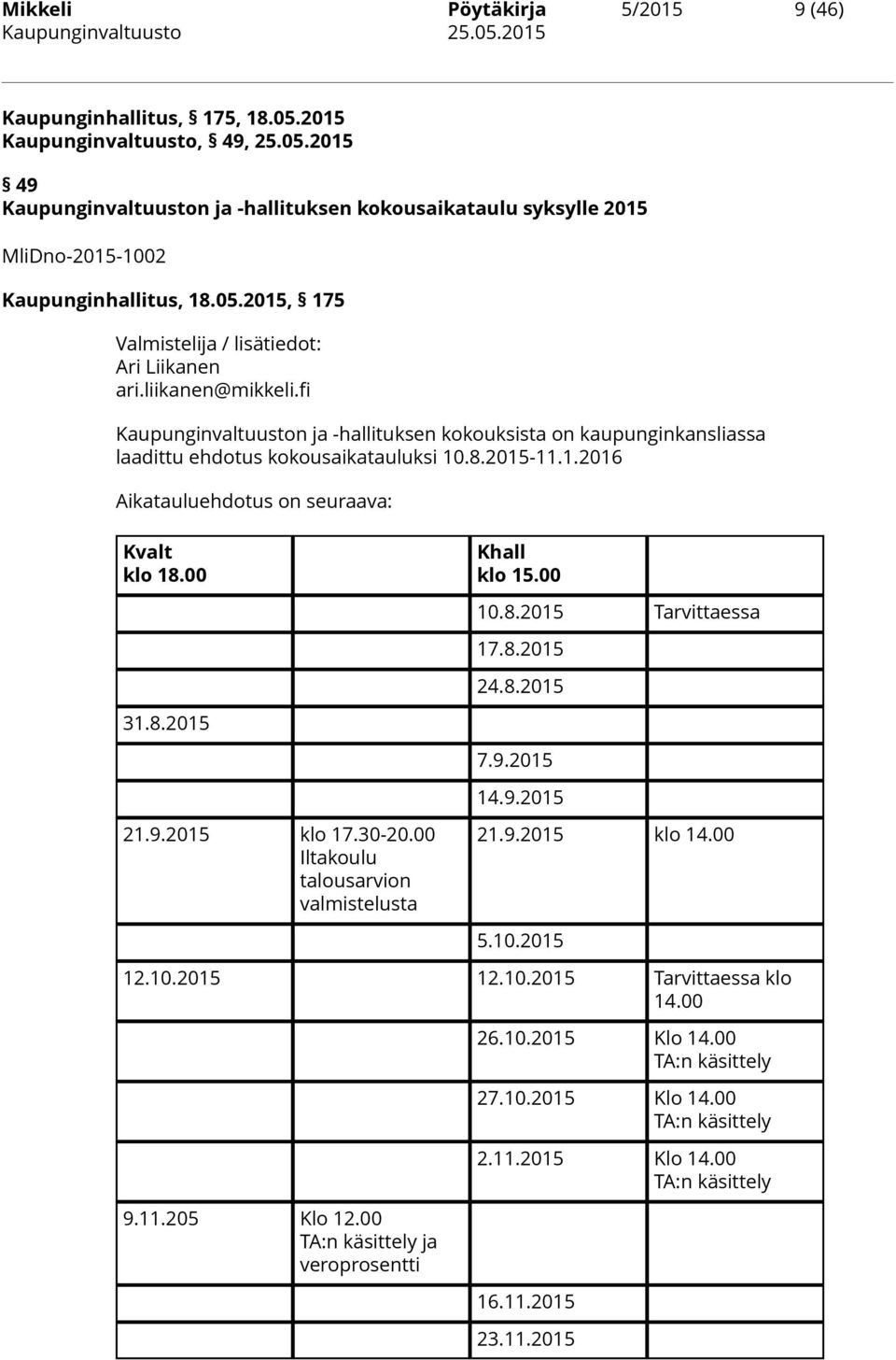 00 Khall klo 15.00 10.8.2015 Tarvittaessa 17.8.2015 24.8.2015 31.8.2015 7.9.2015 14.9.2015 21.9.2015 klo 17.30-20.00 Iltakoulu talousarvion valmistelusta 21.9.2015 klo 14.00 5.10.2015 12.10.2015 12.10.2015 Tarvittaessa klo 14.