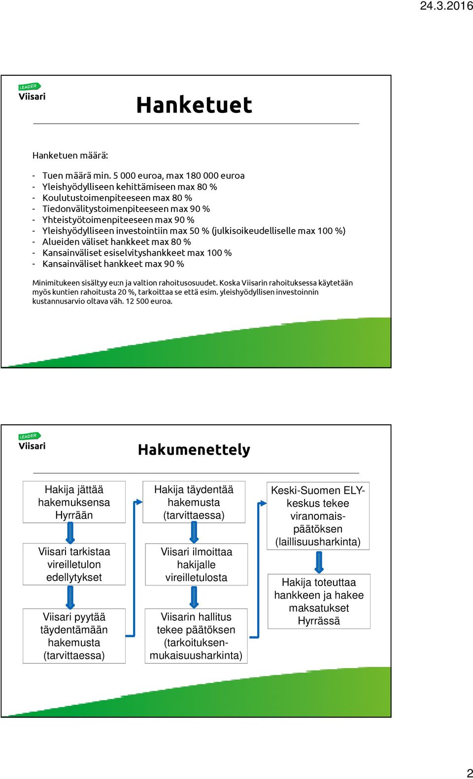 Yleishyödylliseen investointiin max 50 % (julkisoikeudelliselle max 100 %) - Alueiden väliset hankkeet max80 % - Kansainväliset esiselvityshankkeet max 100 % - Kansainväliset hankkeet max 90 %