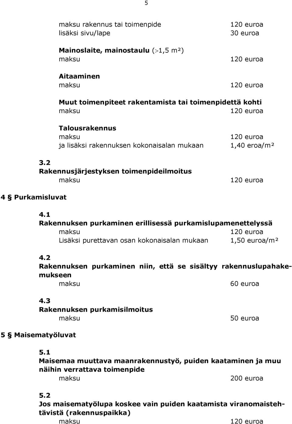 1 Rakennuksen purkaminen erillisessä purkamislupamenettelyssä Lisäksi purettavan osan kokonaisalan mukaan 1,50 euroa/m² 4.