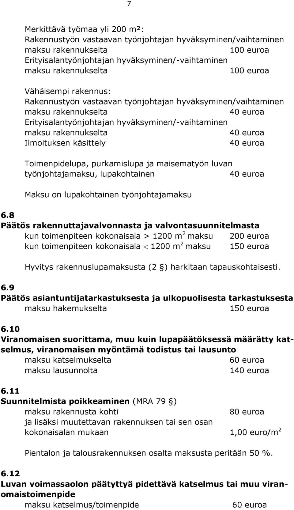 40 euroa Toimenpidelupa, purkamislupa ja maisematyön luvan työnjohtaja, lupakohtainen 40 euroa Maksu on lupakohtainen työnjohtaja 6.