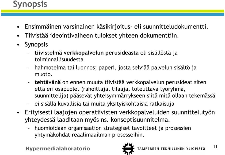 tehtävänä on ennen muuta tiivistää verkkopalvelun perusideat siten että eri osapuolet (rahoittaja, tilaaja, toteuttava työryhmä, suunnittelija) pääsevät yhteisymmärrykseen siitä mitä ollaan