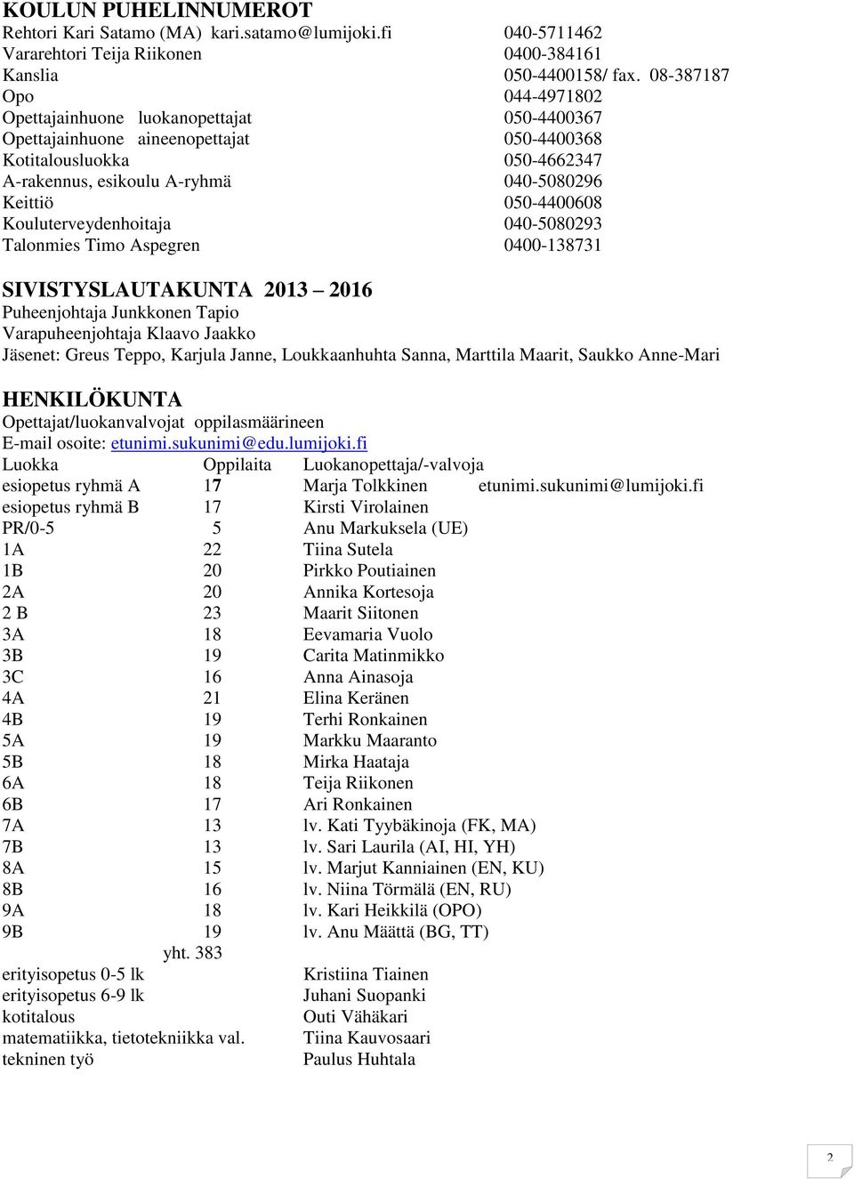 050-4400608 Kouluterveydenhoitaja 040-5080293 Talonmies Timo Aspegren 0400-138731 SIVISTYSLAUTAKUNTA 2013 2016 Puheenjohtaja Junkkonen Tapio Varapuheenjohtaja Klaavo Jaakko Jäsenet: Greus Teppo,