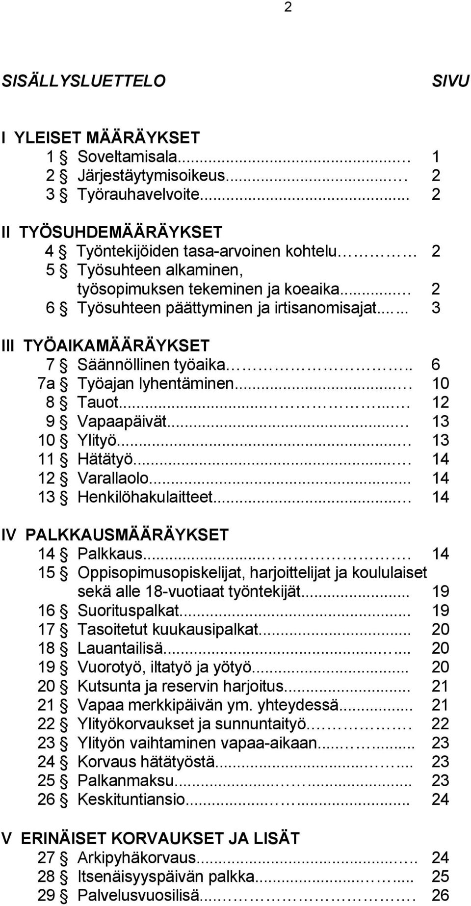 ..... 3 III TYÖAIKAMÄÄRÄYKSET 7 Säännöllinen työaika.. 6 7a Työajan lyhentäminen.... 10 8 Tauot....... 12 9 Vapaapäivät... 13 10 Ylityö... 13 11 Hätätyö.... 14 12 Varallaolo.