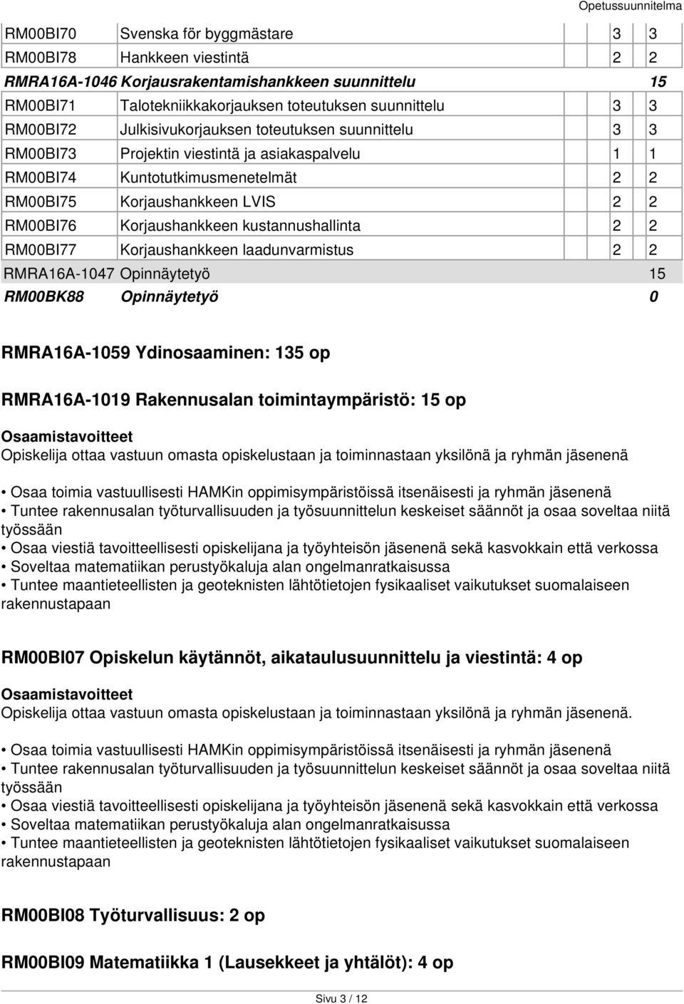 kustannushallinta 2 2 RM00BI77 Korjaushankkeen laadunvarmistus 2 2 RMRA16A-1047 Opinnäytetyö 15 RM00BK88 Opinnäytetyö 0 RMRA16A-1059 Ydinosaaminen: 135 op RMRA16A-1019 Rakennusalan toimintaympäristö: