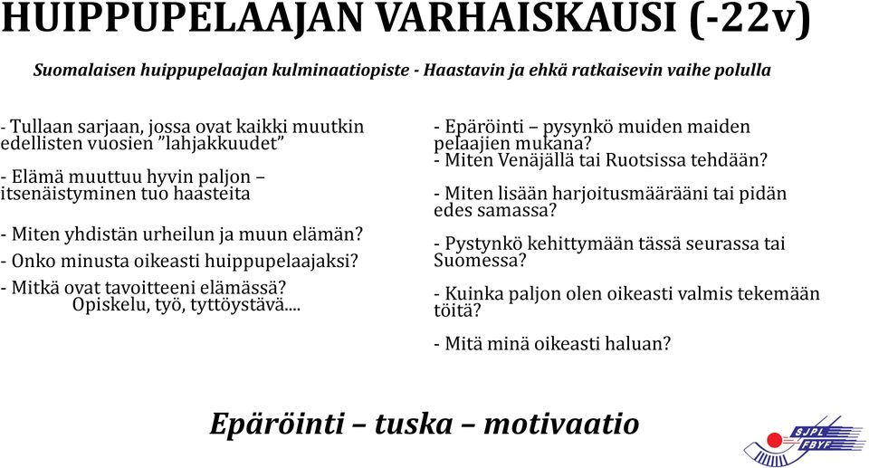 - Mitkä ovat tavoitteeni elämässä? Opiskelu, työ, tyttöystävä... - Epäröinti pysynkö muiden maiden pelaajien mukana? - Miten Venäjällä tai Ruotsissa tehdään?