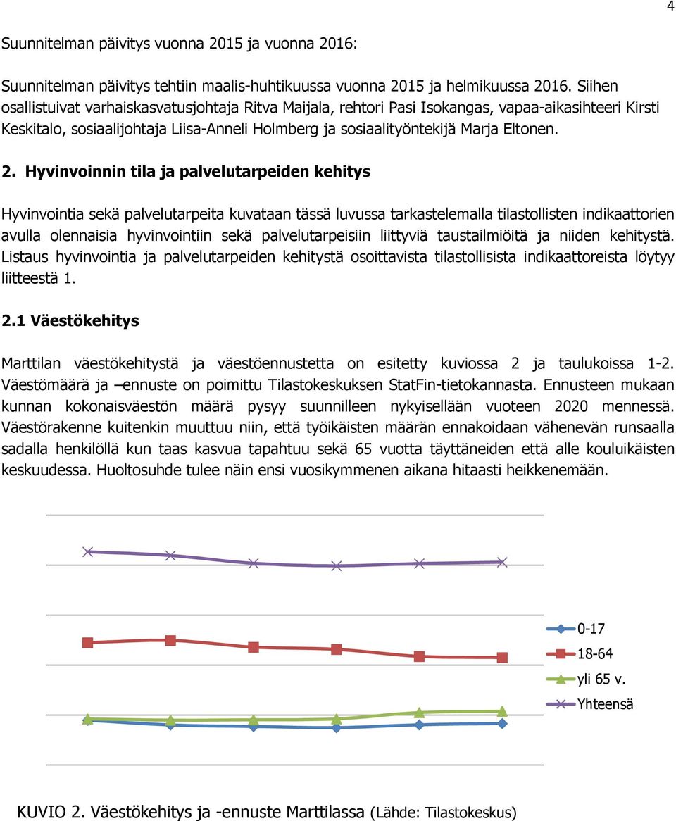 Hyvinvoinnin tila ja palvelutarpeiden kehitys Hyvinvointia sekä palvelutarpeita kuvataan tässä luvussa tarkastelemalla tilastollisten indikaattorien avulla olennaisia hyvinvointiin sekä