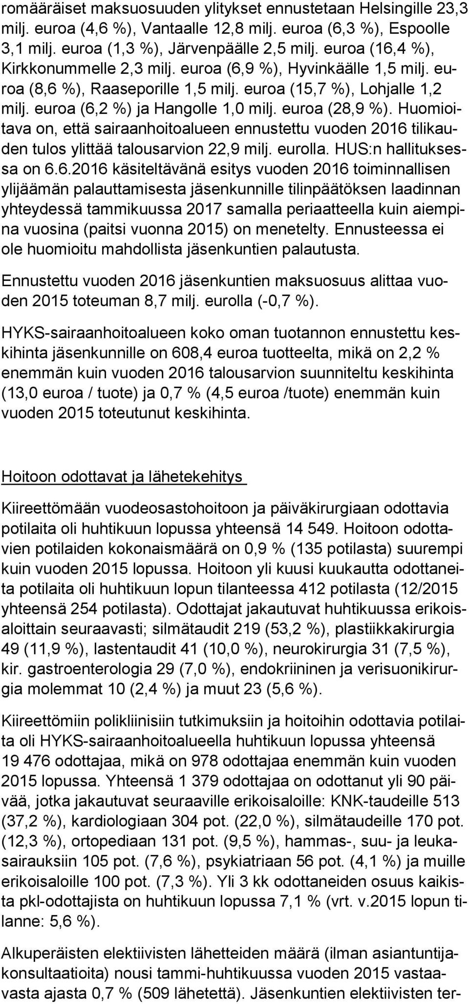 euroa (28,9 %). Huomioitava on, että sairaanhoitoalueen ennustettu vuoden 2016 