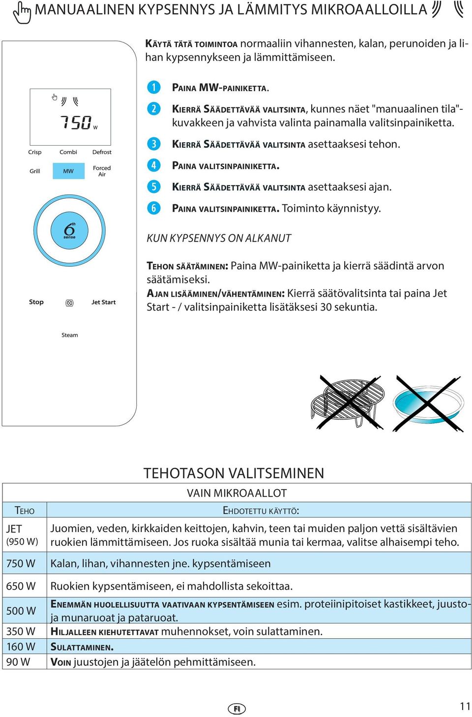 KIERRÄ SÄÄDETTÄVÄÄ VALITSINTA asttaakssi ajan. PAINA VALITSINPAINIKETTA. Toiminto käynnistyy. KUN KYPSENNYS ON ALKANUT TEHON SÄÄTÄMINEN: Paina MW-painiktta ja kiä säädintä avon säätämisksi.