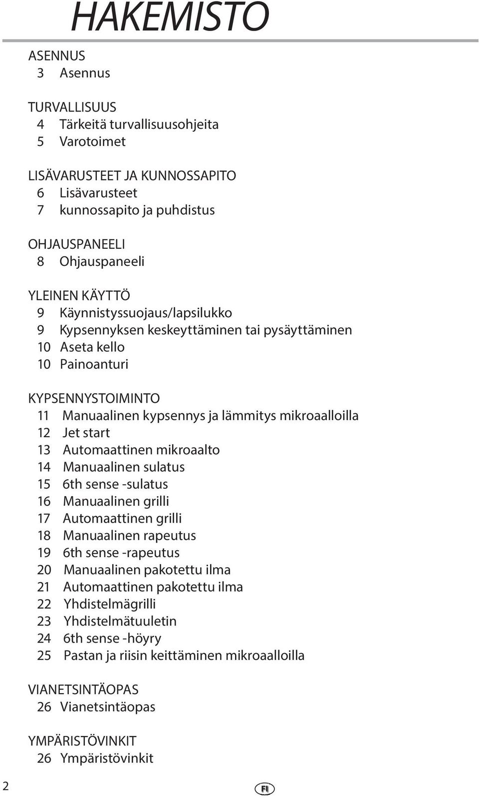 13 Automaattinn mikoaalto 14 Manuaalinn sulatus 15 6th sns -sulatus 16 Manuaalinn gilli 17 Automaattinn gilli 18 Manuaalinn aputus 19 6th sns -aputus 20 Manuaalinn pakotttu ilma 21