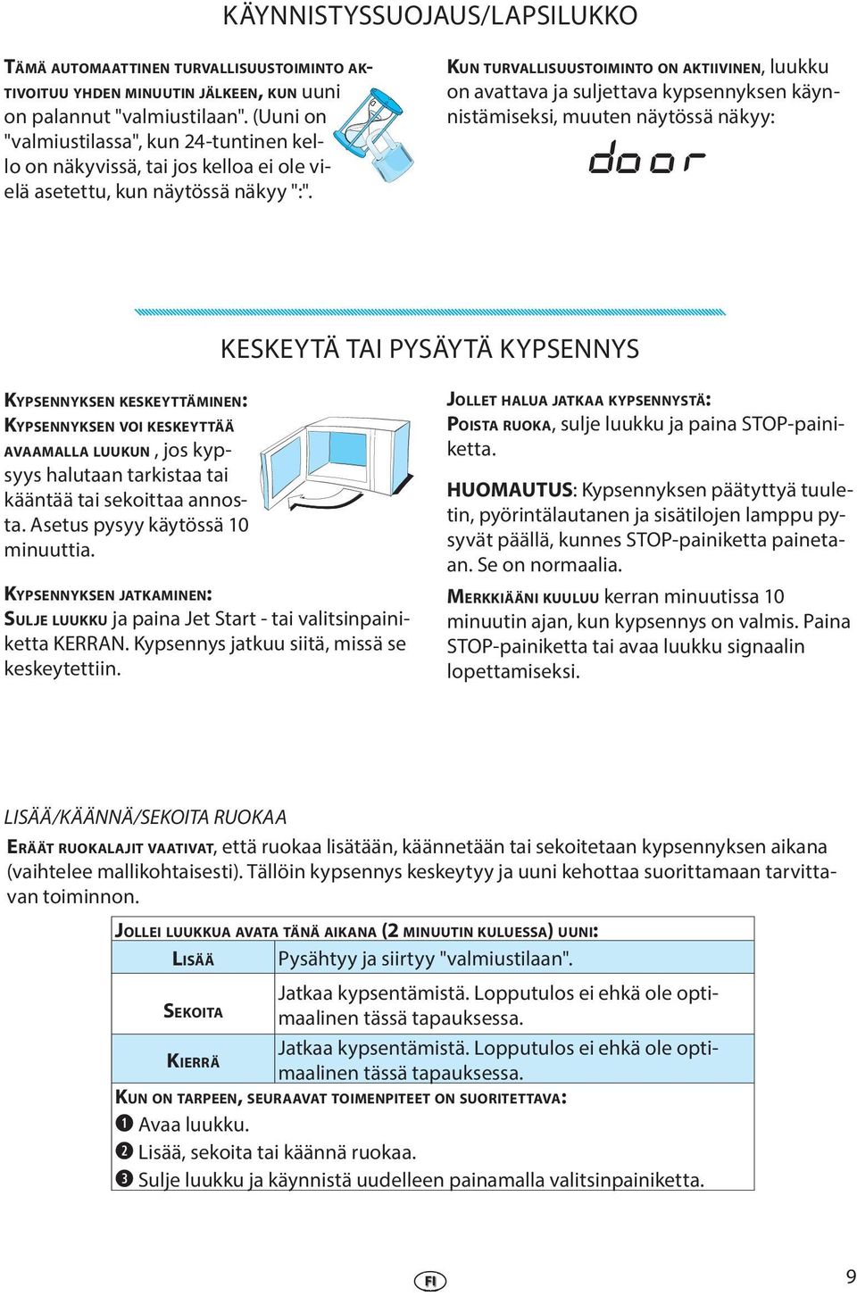 KUN TURVALLISUUSTOIMINTO ON AKTIIVINEN, luukku on avattava ja suljttava kypsnnyksn käynnistämisksi, muutn näytössä näkyy: door KESKEYTÄ TAI PYSÄYTÄ KYPSENNYS KYPSENNYKSEN KESKEYTTÄMINEN: KYPSENNYKSEN