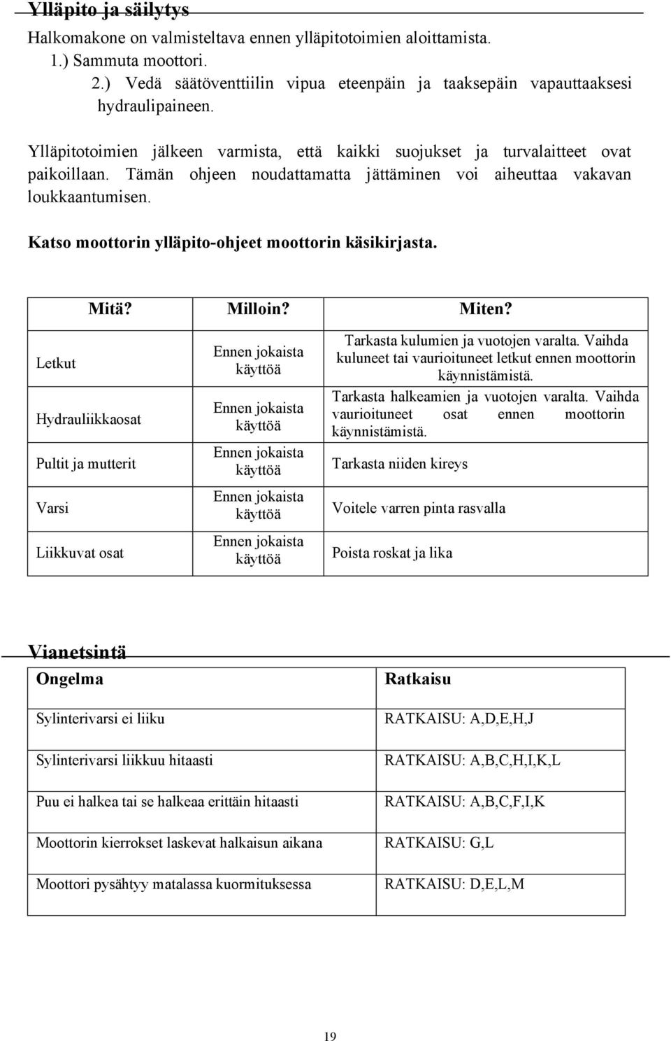 Katso moottorin ylläpito-ohjeet moottorin käsikirjasta. Mitä? Milloin? Miten?