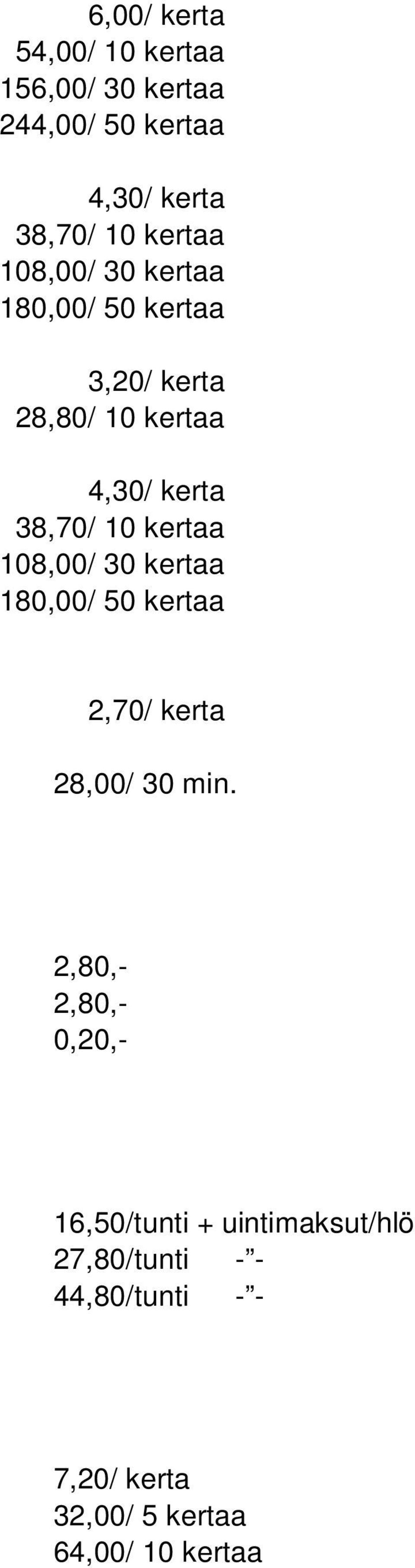 108,00/ 30 kertaa 180,00/ 50 kertaa 2,70/ kerta 28,00/ 30 min.