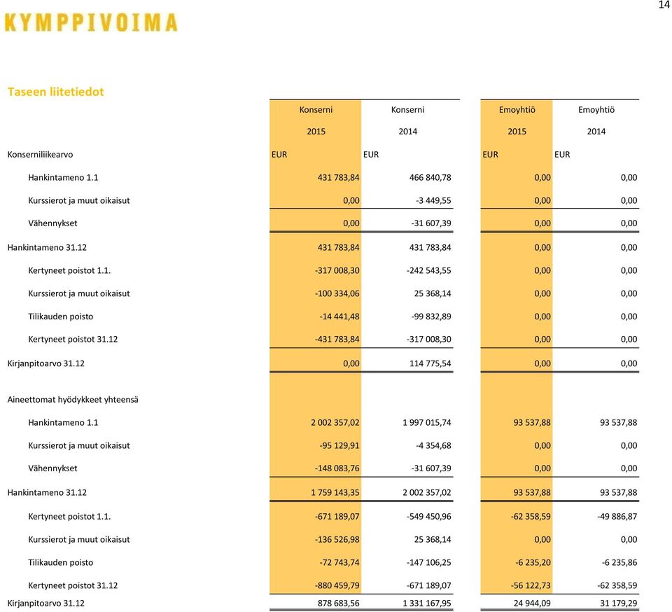 12-431 783,84-317 008,30 0,00 0,00 Kirjanpitoarvo 31.12 0,00 114 775,54 0,00 0,00 Aineettomat hyödykkeet yhteensä Hankintameno 1.