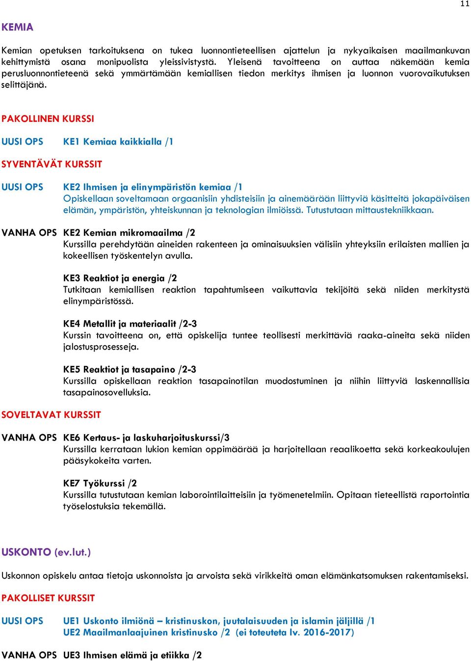 PAKOLLINEN KURSSI UUSI OPS KE1 Kemiaa kaikkialla /1 UUSI OPS KE2 Ihmisen ja elinympäristön kemiaa /1 Opiskellaan soveltamaan orgaanisiin yhdisteisiin ja ainemäärään liittyviä käsitteitä jokapäiväisen