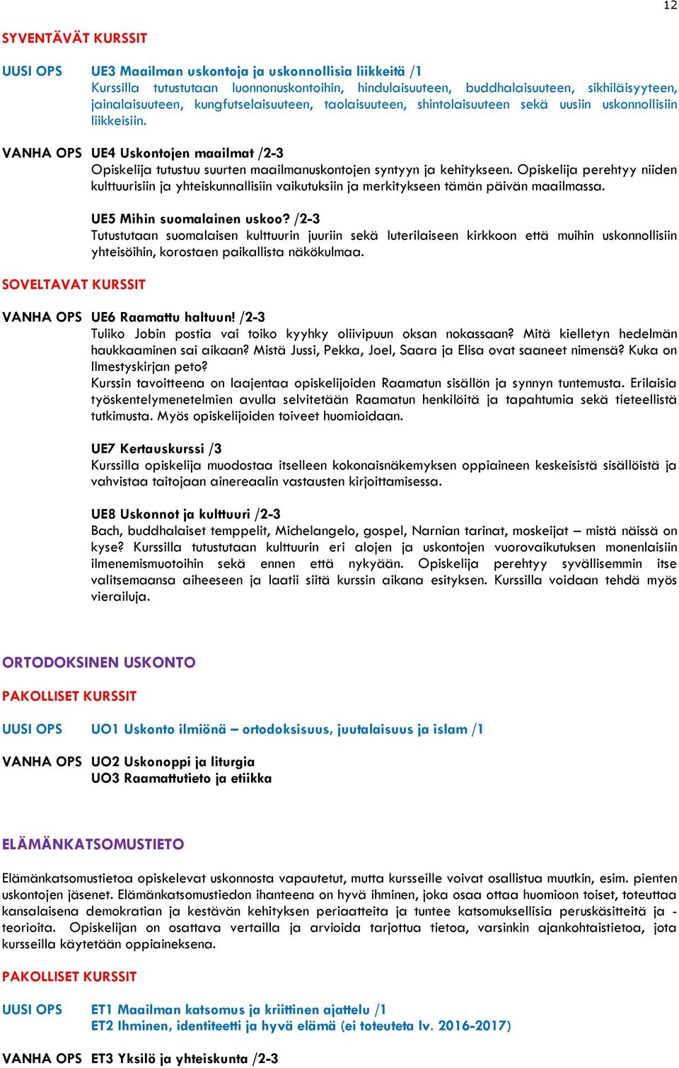 Opiskelija perehtyy niiden kulttuurisiin ja yhteiskunnallisiin vaikutuksiin ja merkitykseen tämän päivän maailmassa. UE5 Mihin suomalainen uskoo?