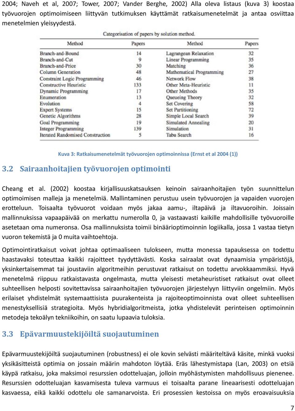 (2002) koostaa kirjallisuuskatsauksen keinoin sairaanhoitajien työn suunnittelun optimoimisen malleja ja menetelmiä. Mallintaminen perustuu usein työvuorojen ja vapaiden vuorojen erotteluun.