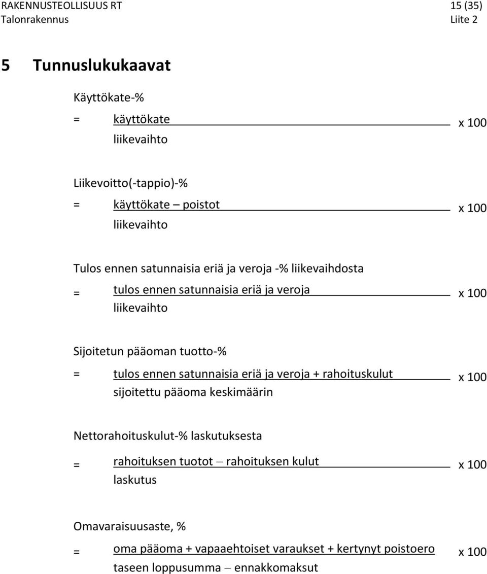 pääoman tuotto-% = tulos ennen satunnaisia eriä ja veroja + rahoituskulut x 100 sijoitettu pääoma keskimäärin Nettorahoituskulut-% laskutuksesta =