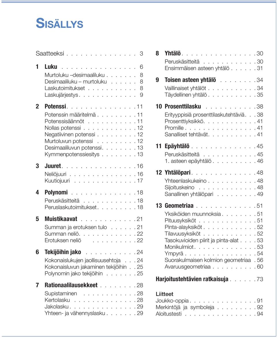 ....... 3 Kymmenpotenssiesitys........ 3 3 Juuret................ 6 Neliöjuuri............... 6 Kuutiojuuri.............. 7 4 Polynomi.............. 8 Peruskäsitteitä............ 8 Peruslaskutoimitukset.