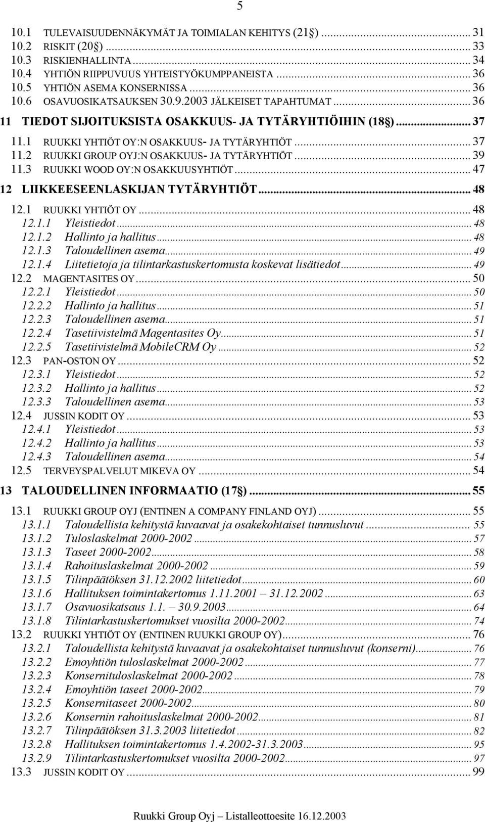 .. 39 11.3 RUUKKI WOOD OY:N OSAKKUUSYHTIÖT... 47 12 LIIKKEESEENLASKIJAN TYTÄRYHTIÖT... 48 12.1 RUUKKI YHTIÖT OY... 48 12.1.1 Yleistiedot... 48 12.1.2 Hallinto ja hallitus... 48 12.1.3 Taloudellinen asema.