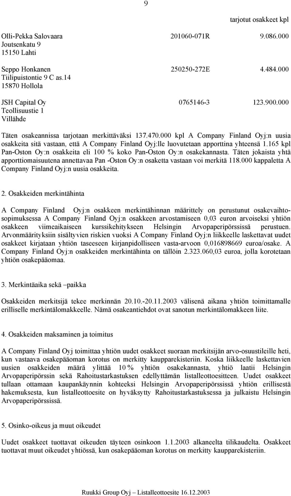 000 kpl A Company Finland Oyj:n uusia osakkeita sitä vastaan, että A Company Finland Oyj:lle luovutetaan apporttina yhteensä 1.