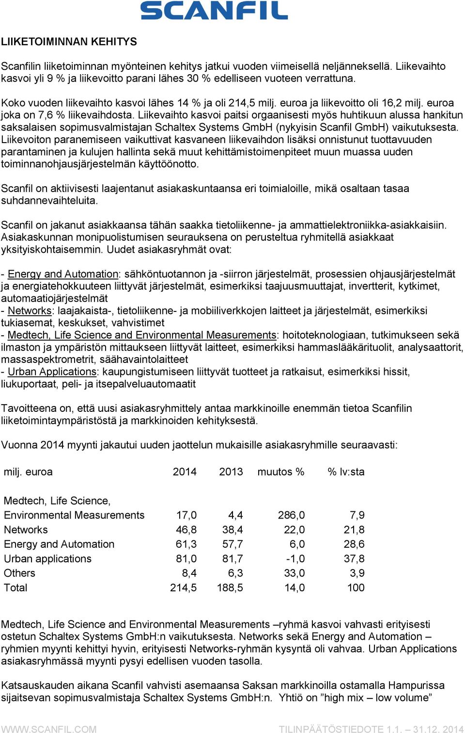 Liikevaihto kasvoi paitsi orgaanisesti myös huhtikuun alussa hankitun saksalaisen sopimusvalmistajan Schaltex Systems GmbH (nykyisin Scanfil GmbH) vaikutuksesta.