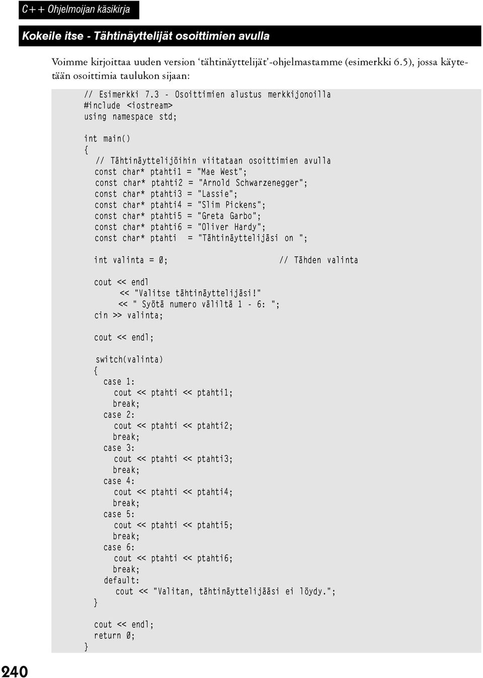 3 - Osoittimien alustus merkkijonoilla #include <iostream> using namespace std; int main() // Tähtinäyttelijöihin viitataan osoittimien avulla const char* ptahti1 = "Mae West"; const char* ptahti2 =