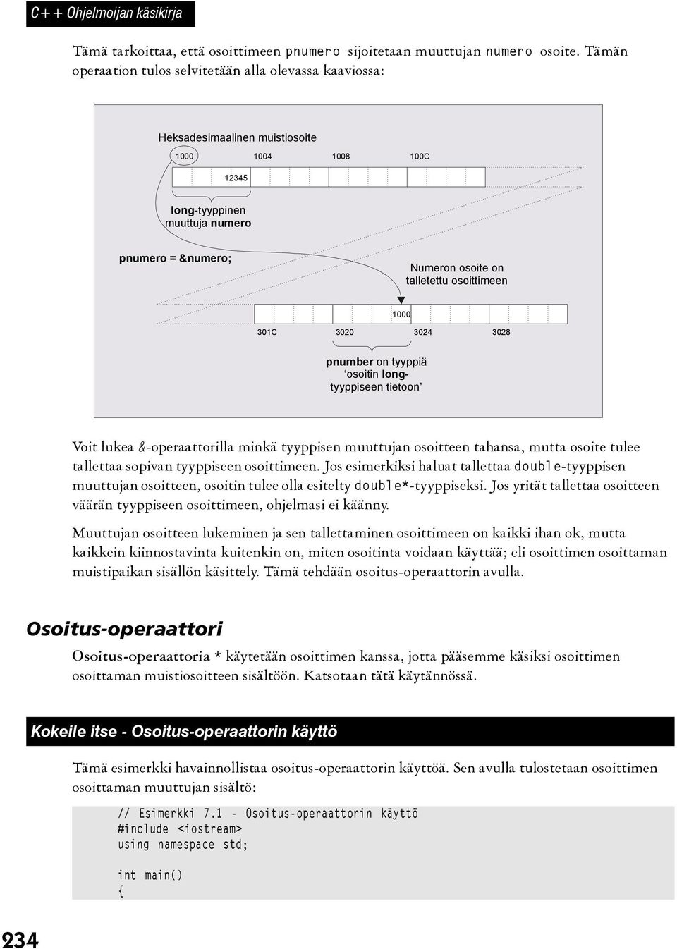 osoittimeen 1000 301C 3020 3024 3028 pnumber on tyyppiä osoitin long- tyyppiseen tietoon Voit lukea &-operaattorilla minkä tyyppisen muuttujan osoitteen tahansa, mutta osoite tulee tallettaa sopivan