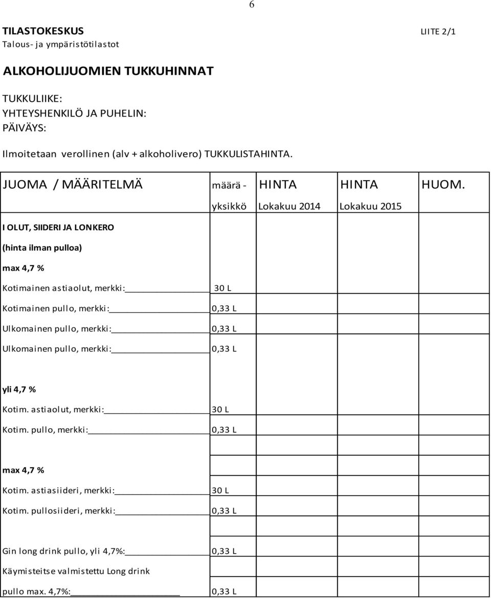 I OLUT, SIIDERI JA LONKERO (hinta ilman pulloa) max 4,7 % Kotimainen astiaolut, merkki: 30 L Kotimainen pullo, merkki: 0,33 L Ulkomainen pullo, merkki: 0,33 L Ulkomainen pullo,